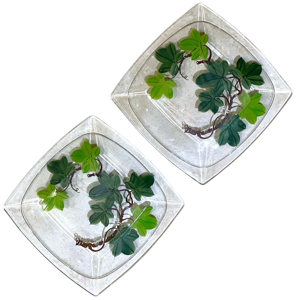 Set of 2 Hazel Atlas Gay Fad Hand painted 'Green Ivy' Square Plates 8"x8”